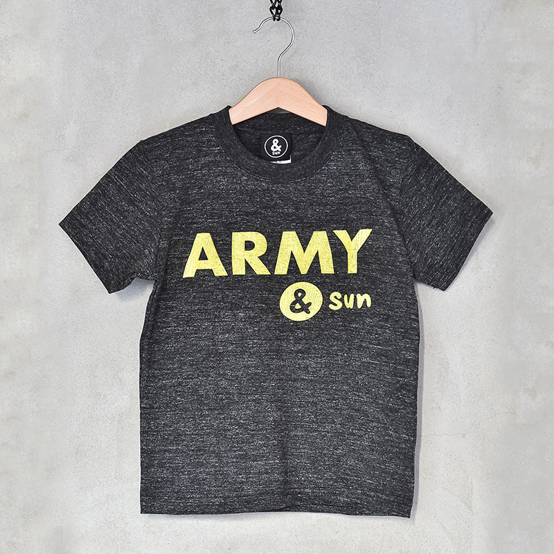 ARMY&sun　Tシャツ　ヘザーブラック×イエローロゴ